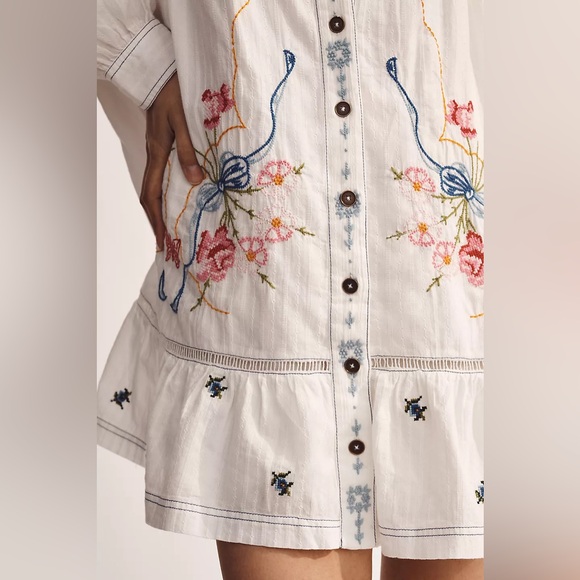 NWT XL - Anthropologie 100% Cotton Embroidered Swing Shirt Dress - Picture 9 of 16